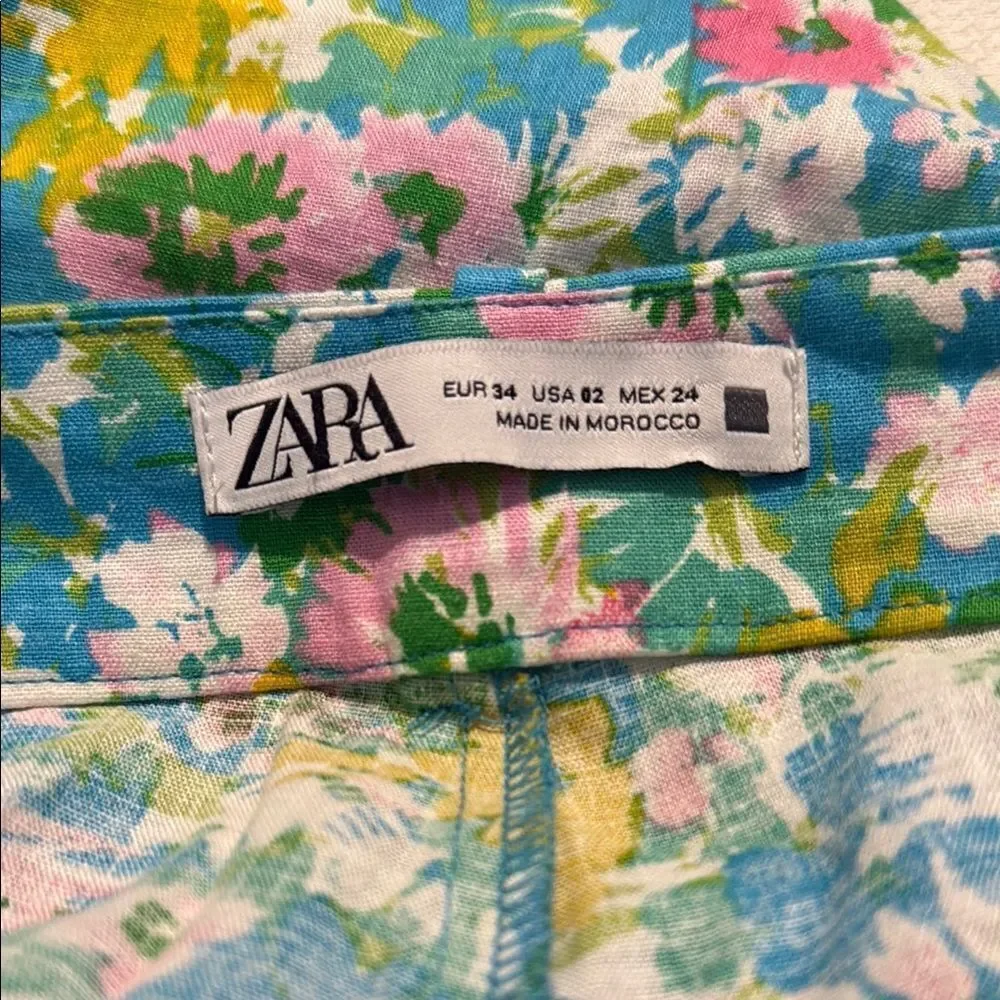 Zara Colorful Floral Retro Inspired Linen Blend High Rise Cropped Ankle Pants
